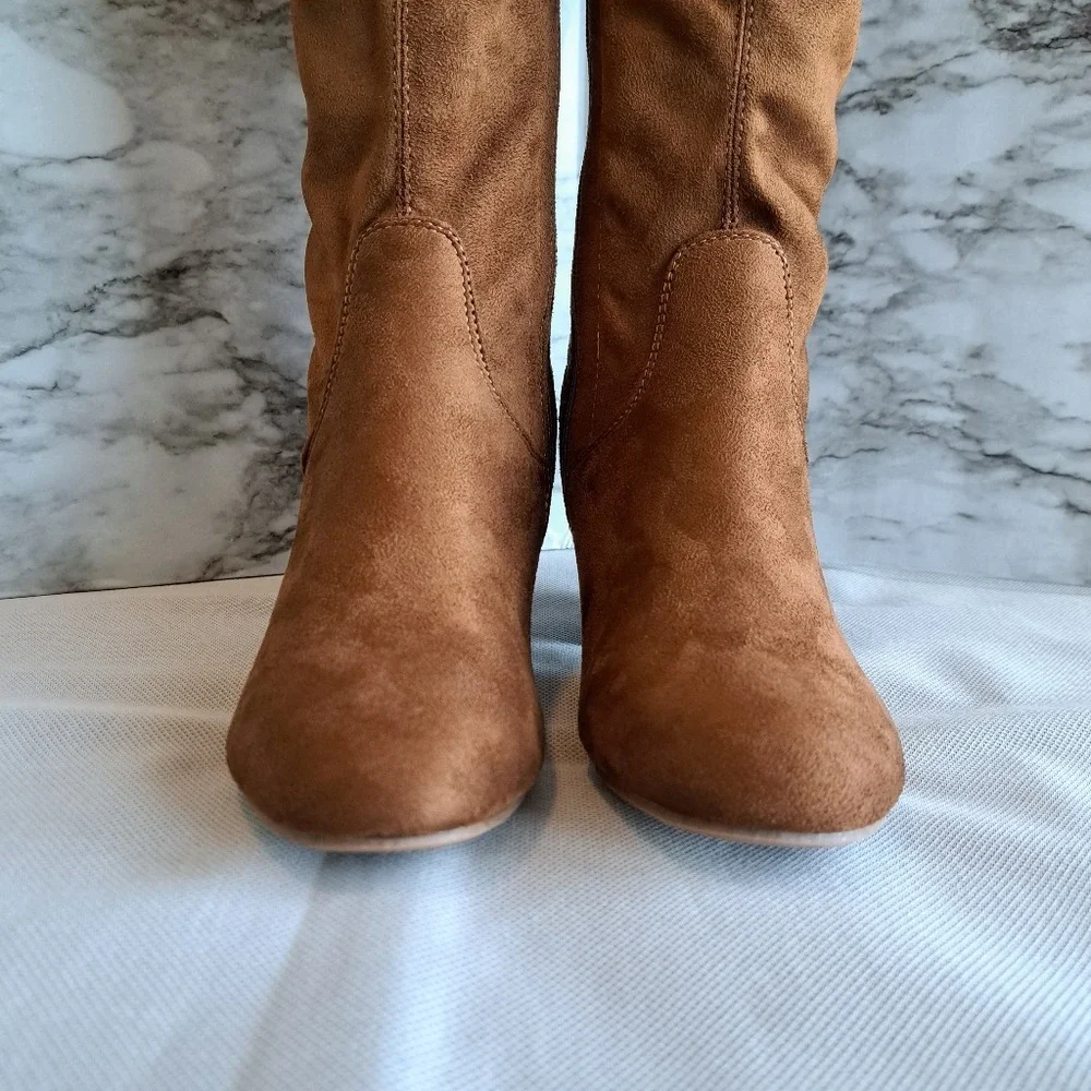 Faux Suede Over The Knee Block Heeled Stretch Boots Camel Full Lace-Up Back‎ 8